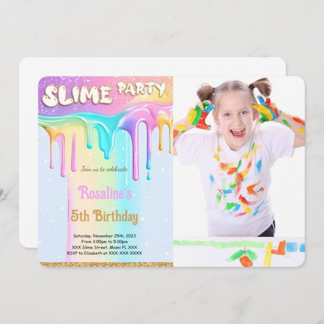 Invitation Photo de fête d'anniversaire de Rainbow Slime (Devant / Derrière)