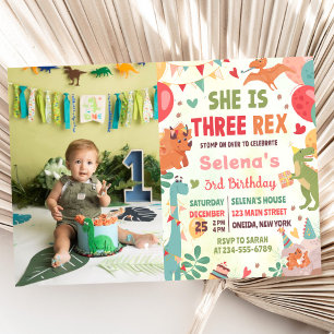 Invitation Photo de fête d'anniversaire de Trois Rex dinosaur