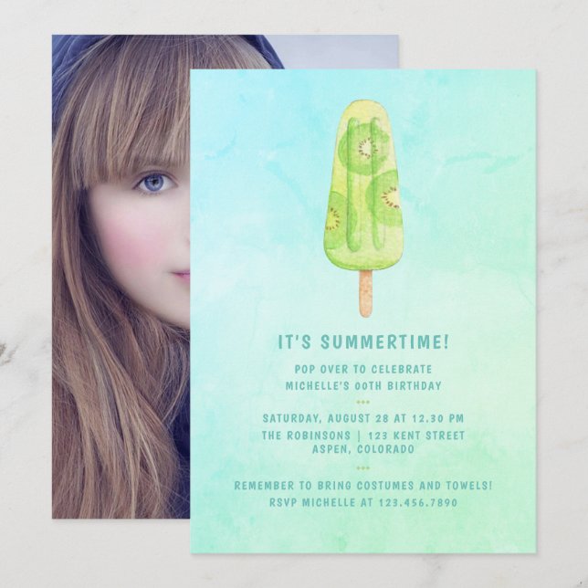 Invitation Photo de fête d'anniversaire d'été avec Popsicle à (Devant / Derrière)
