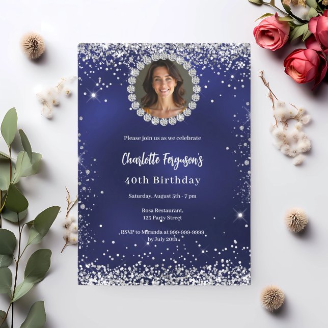 Invitation Photo de fête d'anniversaire diamant bleu marine (Créateur téléchargé)