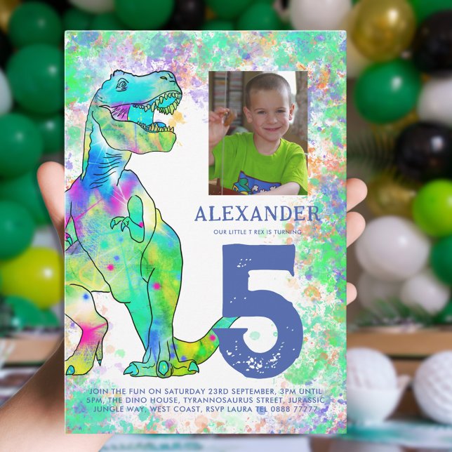Invitation Photo de fête d'anniversaire Dinosaur T-Rex (T-rex colorful dinosaur custom photo 5th birthday party invitation blue and green watercolor)