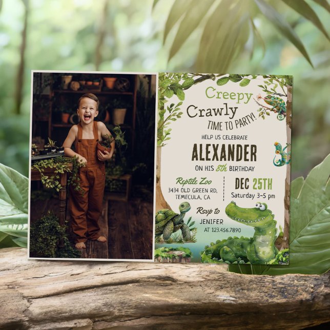 Invitation Photo de fête d'anniversaire du mignon reptile (Créateur téléchargé)