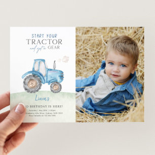 Invitation Photo de fête d'anniversaire du Tracteur bleu