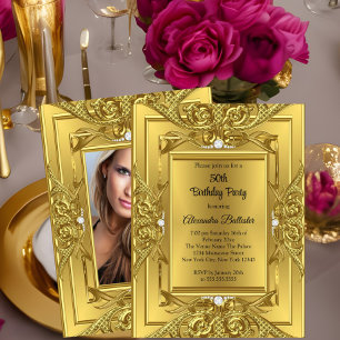 Invitation Photo de fête d'anniversaire élégant en or diamant