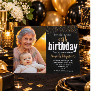 Invitation Photo de fête d'anniversaire élégante noire et or
