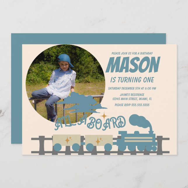 Invitation Photo de fête d'anniversaire enfantine Train Rétro (Devant / Derrière)