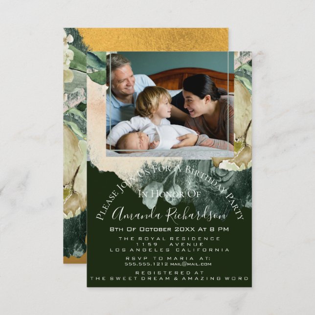 Invitation Photo de fête d'anniversaire Floral Gold Green enc (Devant / Derrière)