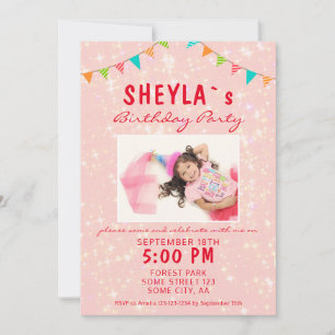 Invitation Photo de fête d'anniversaire girly rose pailleté m