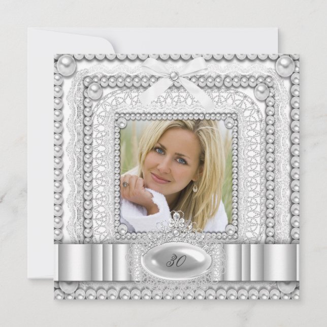 Invitation Photo de fête d'anniversaire Perle de dentelle bla (Devant)