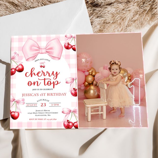 Invitation Photo de fête d'anniversaire Pink Coquette Cherry  (Créateur téléchargé)