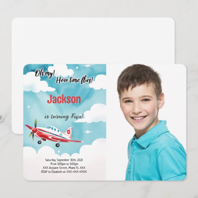 Invitation Photo de fête d'anniversaire pour enfants avion mo (Devant / Derrière)