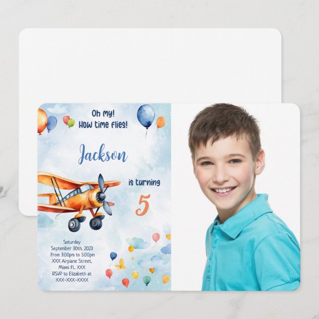 Invitation Photo de fête d'anniversaire pour enfants Avion Or (Devant / Derrière)