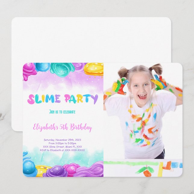 Invitation Photo de fête d'anniversaire slime modifiable (Devant / Derrière)