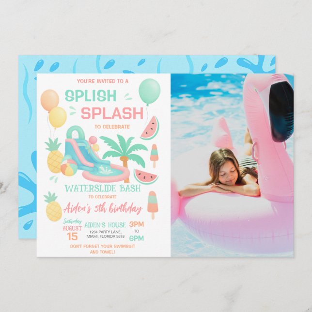 Invitation Photo de fête d'anniversaire Splash Bash (Devant / Derrière)