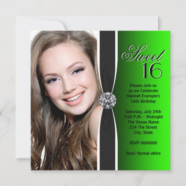 Invitation Photo de fête d'anniversaire verte et noire (Devant)
