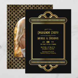 Invitation Photo de fête de fiançailles Art Déco noir et or