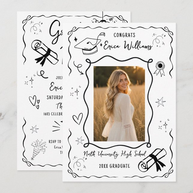 Invitation Photo de fête de fin d'études Doodle Tendance (Créateur téléchargé)