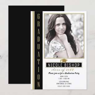 Invitation Photo de fête de fin d'études en or noir et blanc