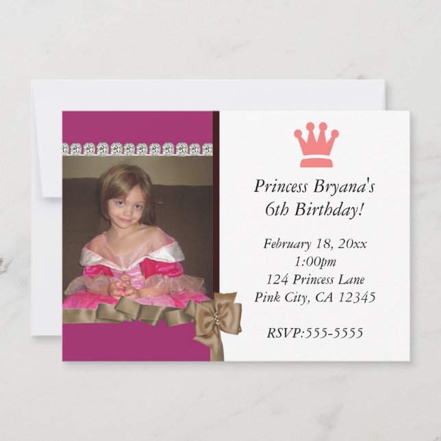 Invitation photo de fête de princesse avec couronn (Devant)