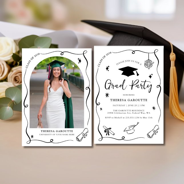 Invitation Photo de fête de remise de diplôme dessinée à la m (Modern Hand Drawn Graduation Party Photo Invitation)