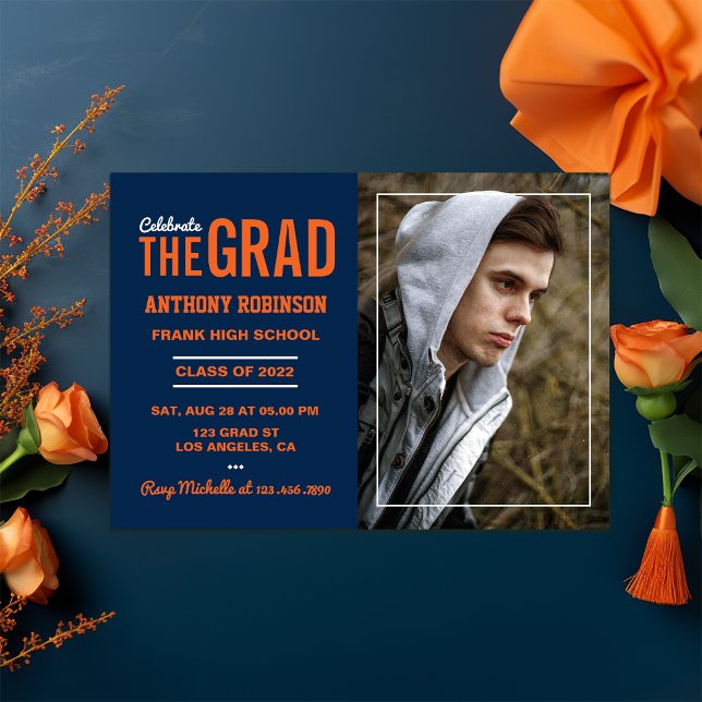Invitation Photo de fête de remise des diplômes orange et ble (Orange and Blue Graduation invite)