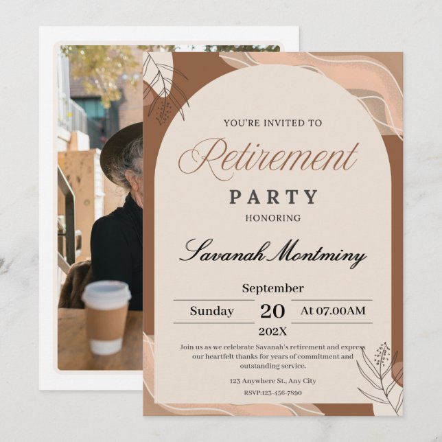 Invitation Photo de fête de retraite dans l'esthétique marron (Devant / Derrière)