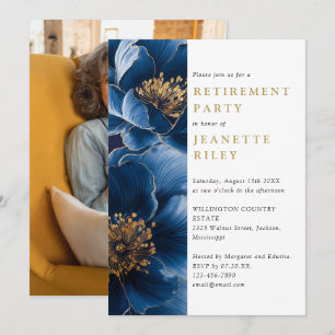 Invitation Photo de fête de retraite florale bleu marine et o