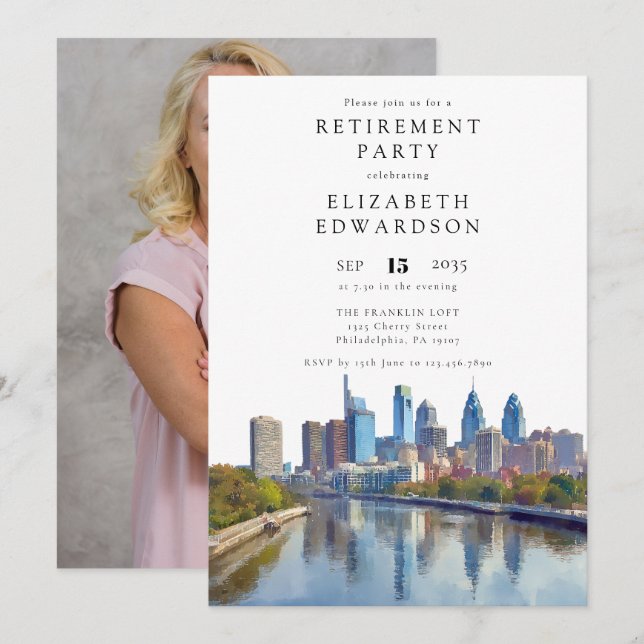 Invitation Photo de fête de retraite sur la skyline de Philad (Devant / Derrière)