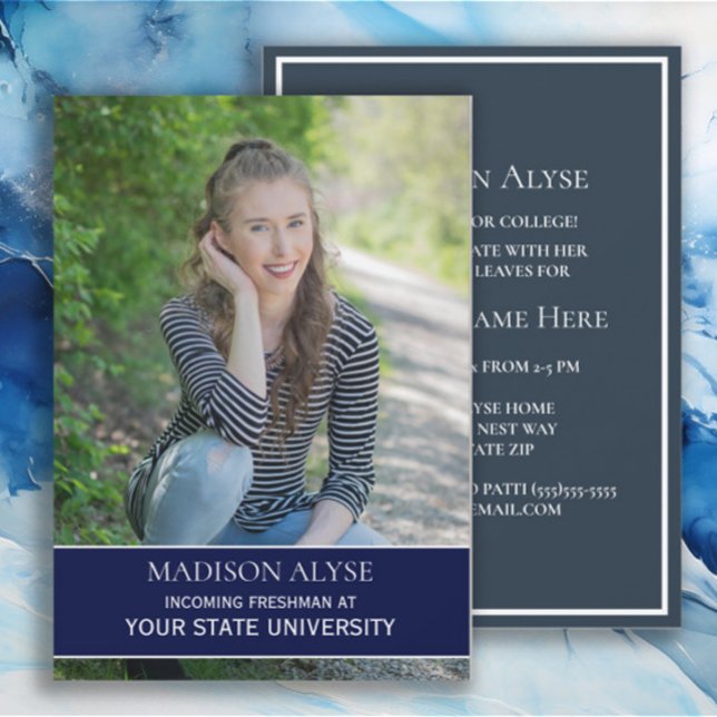Invitation photo de fête de tronc universitaire bl (Navy blue and white graduation/college dorm trunk party photo invitation)