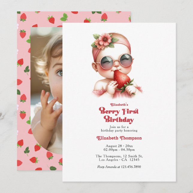 Invitation Photo de fête du 1er anniversaire Gingham Strawber (Devant / Derrière)