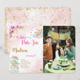 Invitation photo de fête du thé rose et or