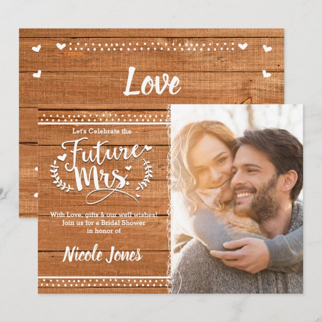 Invitation Photo de Fête Prénuptiale Rustique en Bois de Chên (Devant / Derrière)