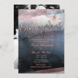 Invitation Photo de Fiançailles d'or Rose bleu Watercolor mod