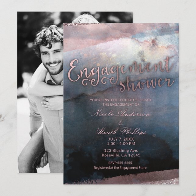 Invitation Photo de fiançailles Rose Gold Bleu à l'aquarelle  (Devant / Derrière)