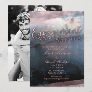 Invitation Photo de fiançailles Rose Gold Bleu à l'aquarelle 