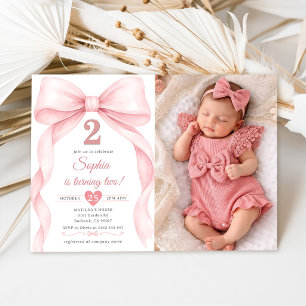Invitation Photo de fille bébé avec un nœud rose pour son 2èm