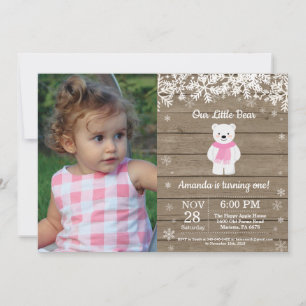 Invitation Photo de fille d'anniversaire d'hiver d'ours polai