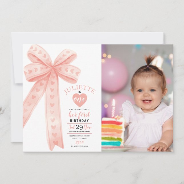 Invitation Photo de fille d'anniversaire premier avec ruban d (Devant)