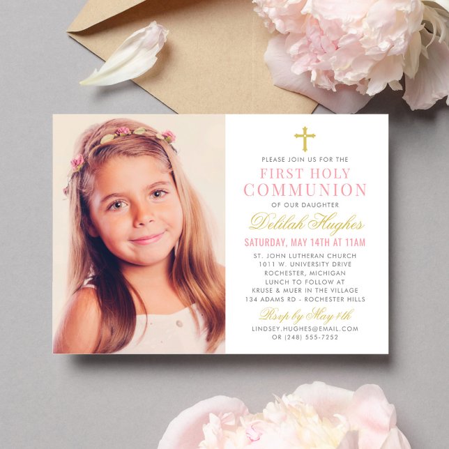 Invitation Photo de fille de première communion rose et or él (Créateur téléchargé)