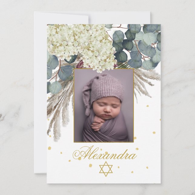 Invitation Photo de fille juive Baby baptisant Floral Gold (Dos)