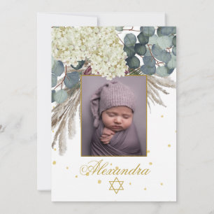 Invitation Photo de fille juive Baby baptisant Floral Gold