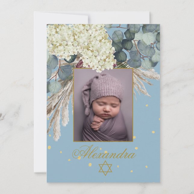 Invitation Photo de fille juive Bébé Nommer Floral Blue Gold (Dos)
