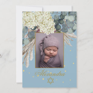 Invitation Photo de fille juive Bébé Nommer Floral Blue Gold