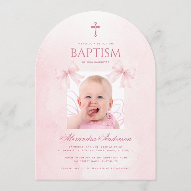 Invitation Photo de fille pour baptême avec rubans roses et é (Devant)