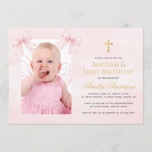 Invitation Photo de fille Rubans roses Croix Baptême Premier