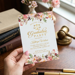 Invitation Photo de fin d'études en droit à l'aquarelle flora