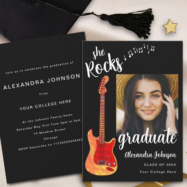 Invitation Photo de fin d'études Noir Blanc Script Fête de re (Cool electric guitar rock music Graduation party invitation with graduate photo template and stylish)
