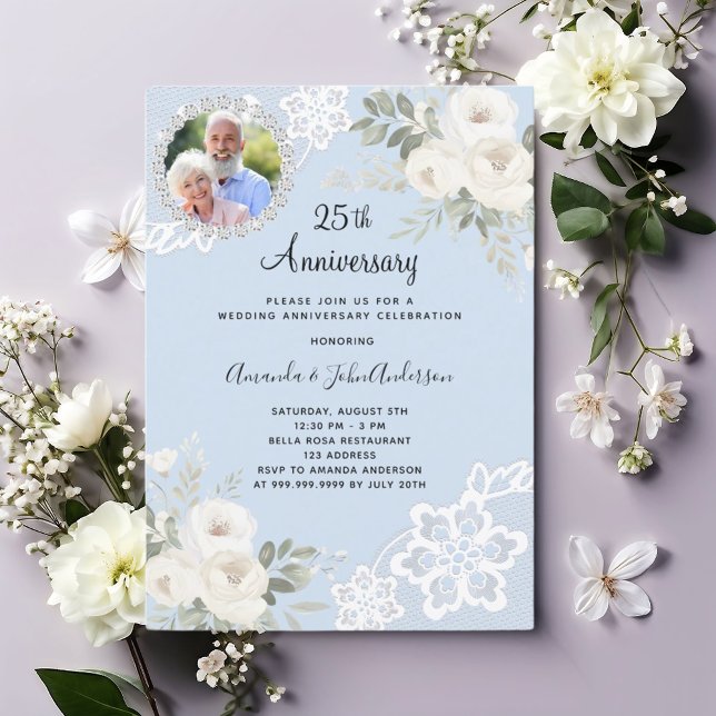 Invitation Photo de fleurs blanches bleues pour 25 ans de mar (Créateur téléchargé)
