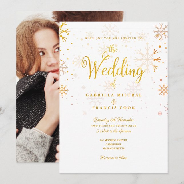 Invitation Photo de flocons de neige dorés Mariage d'hiver (Devant / Derrière)