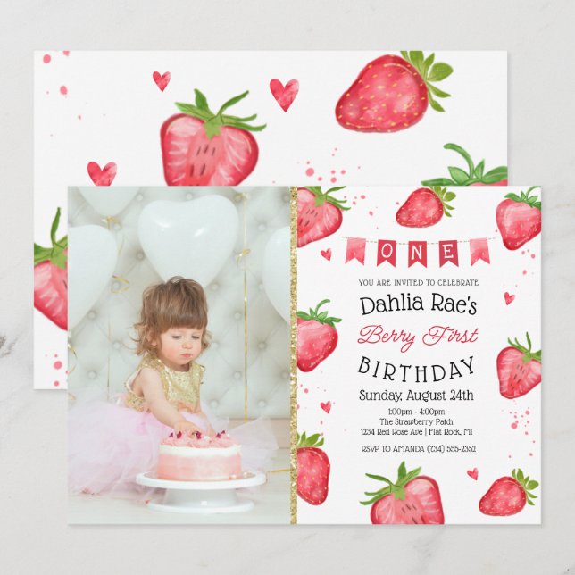 Invitation Photo de fraise pour le premier anniversaire de Be (Devant / Derrière)